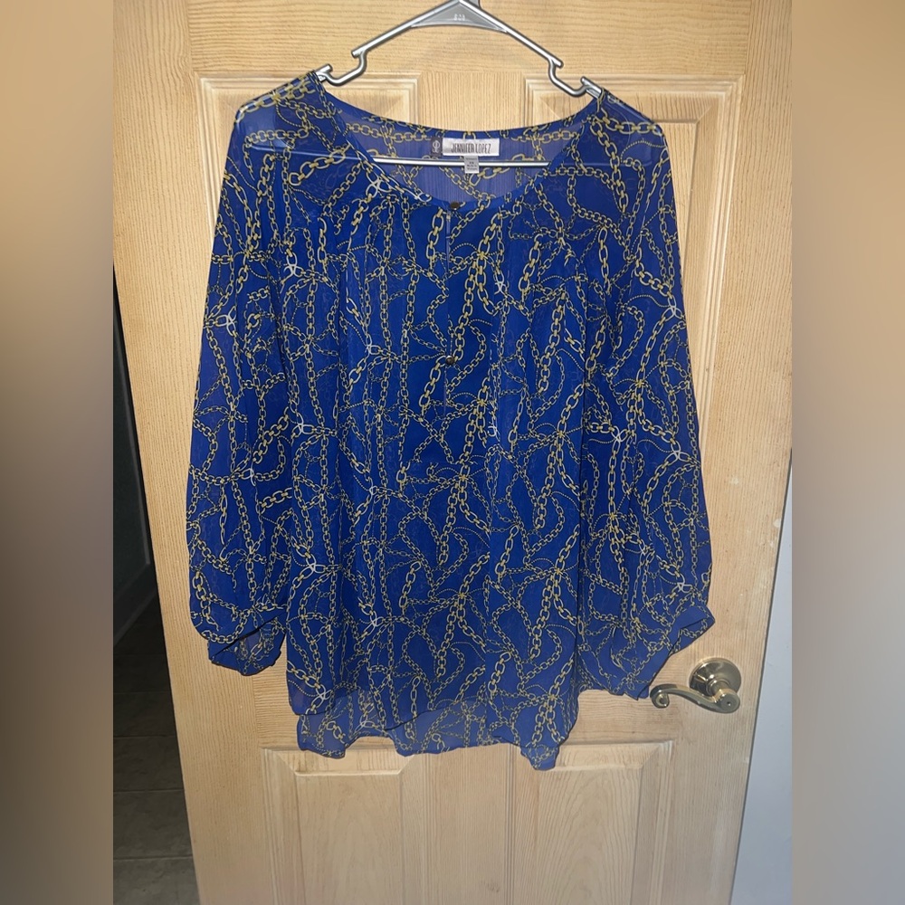 Jennifer Lopez Royal Blue and Gold Chain Blouse
